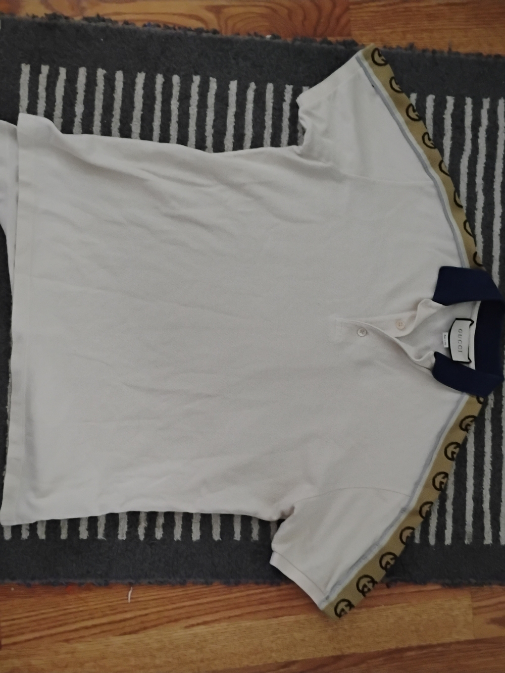 Gucci White Polo with Navy Collar and Beige Logo Trim